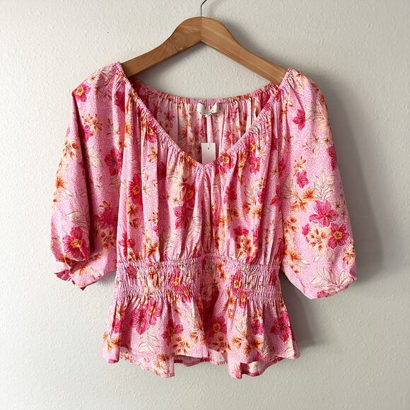 Loft Lily Pink Smocked Gathered Waist V-Neck‎ Blouse Women’s Size XL - New - Picture 3 of 11